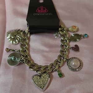 Paparazzi Silver Charm Bracelet with Heart and Gem Accents